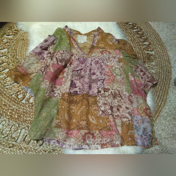 Johnny Was Tops - Johnny Was Bertha Floral Patchwork V-Neck Blouse Size XL